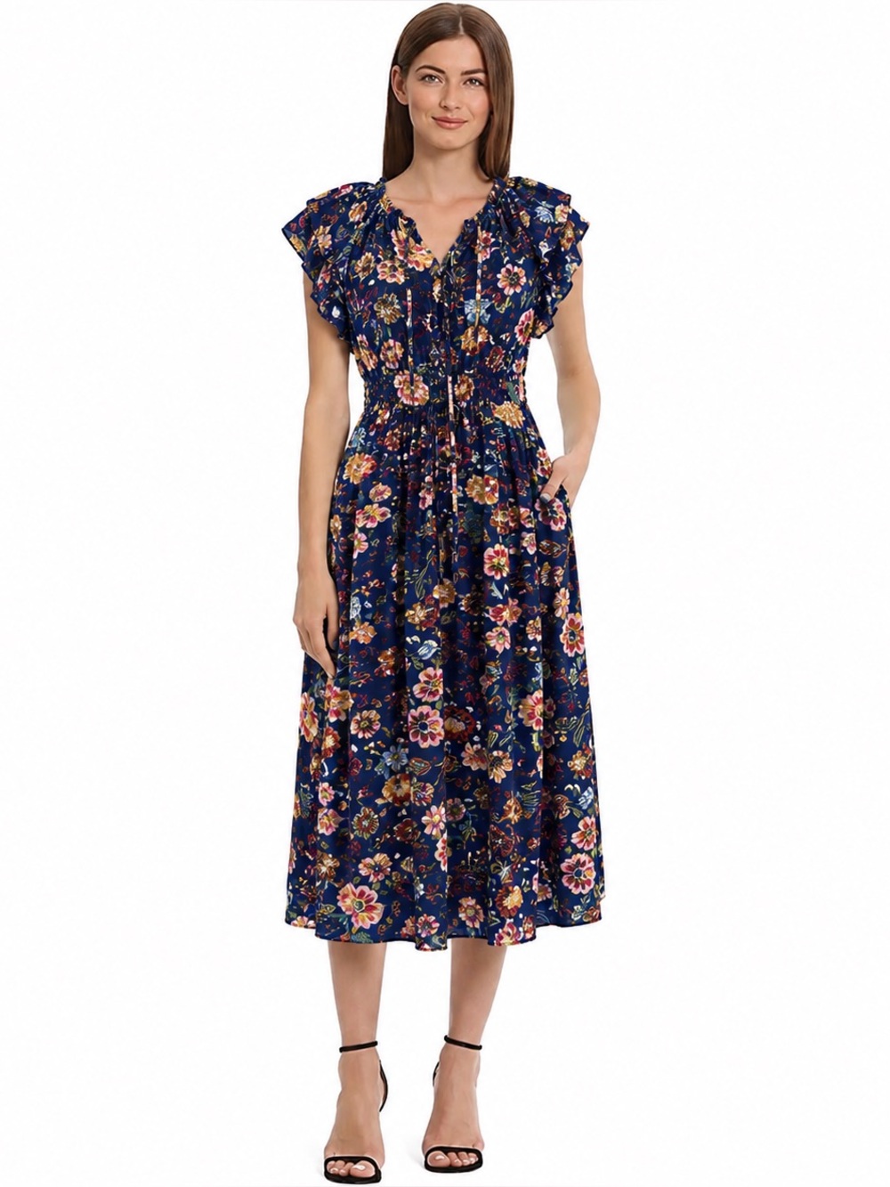 Maggy London Navy Floral Flutter Sleeve Midi Dress with Pockets